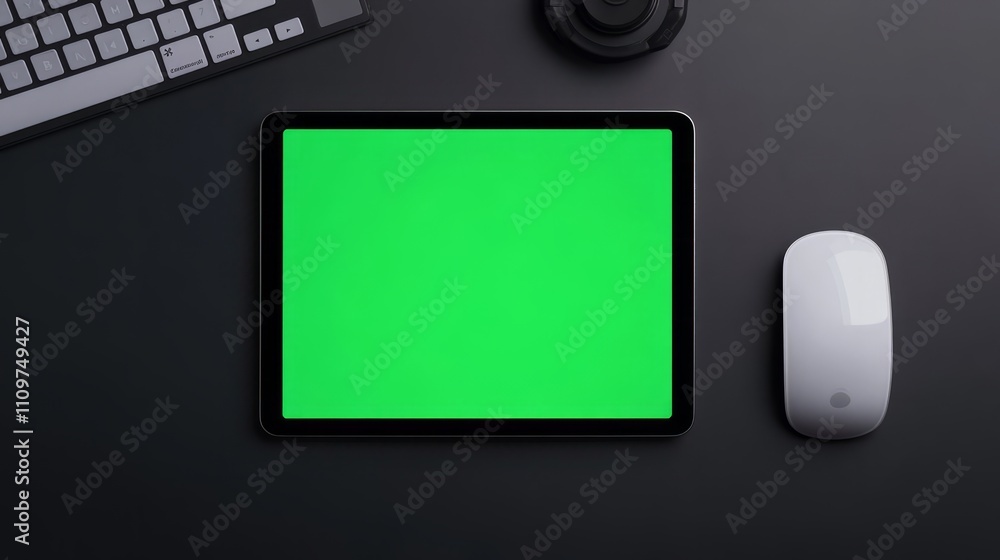 Poster a top-down view of a tablet with a green screen next to a wireless keyboard and mouse.