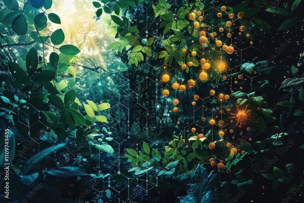 Poster lush jungle scene with glowing elements and molecular patterns.