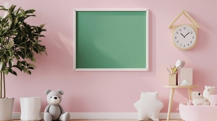 A thin white frame holding a green screen, hung on a light pink nursery room wall. 