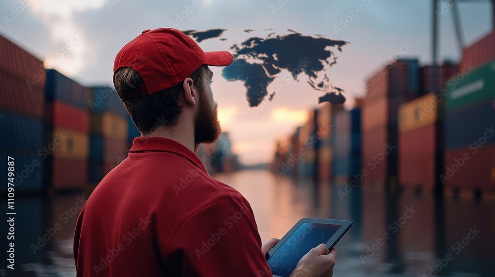 Poster logistics manager using tablet on dock with shipping containers and world map concept for global tra