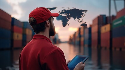 Logistics Manager Using Tablet on Dock with Shipping Containers and World Map Concept for Global Trade and Supply Chain Management