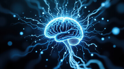 Fototapeta premium Image depicts a glowing human brain with electrical energy emanating from it, symbolizing artificial general intelligence.