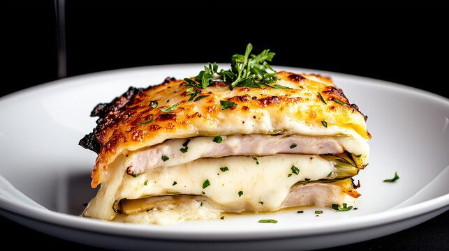 A perfectly baked chicon lasagna layered with creamy cheese and fresh herbs awaits on a white plate