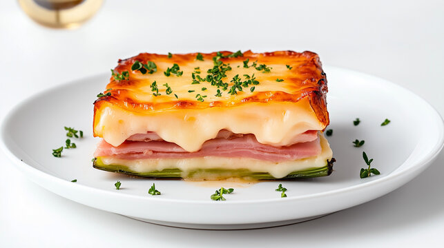 A layered chicon dish features cheese, ham, and greens, showcasing culinary artistry