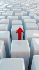 Red arrow rising above a grid of white blocks, symbolizing growth and progress, AI