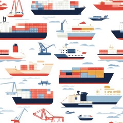 Seamless Pattern of Colorful Ships and Cargo Vessels