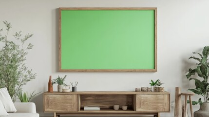 A wooden frame with a green screen, hanging on a white living room wall.