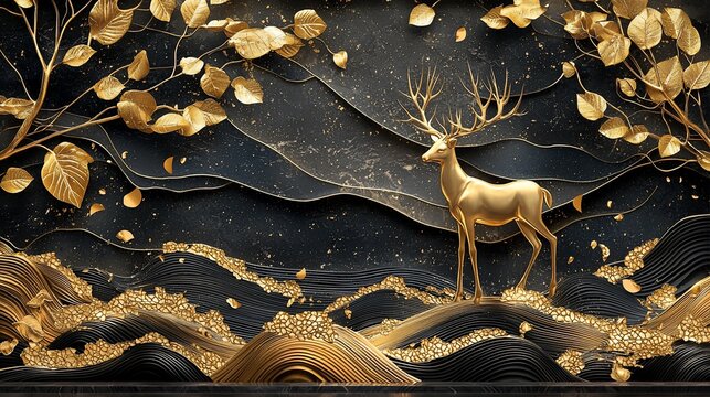 Gold deer in a dark forest scene with golden leaves and abstract waves.