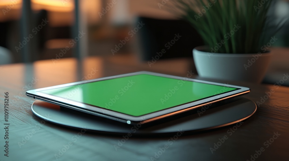 Poster a side view of a tablet with a green screen resting on a wireless charging pad.