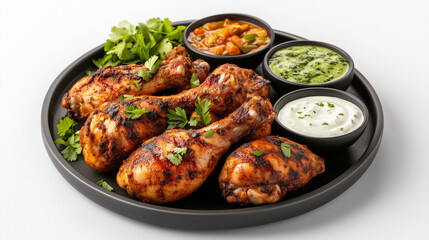 Fototapeta premium Juicy piri piri chicken legs arranged on a platter, accompanied by tasty dips and herbs