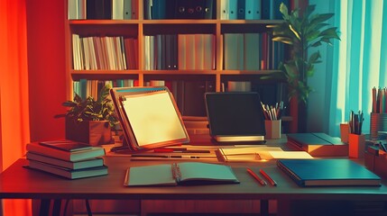 Cozy home office workspace with laptop, books, and plants.