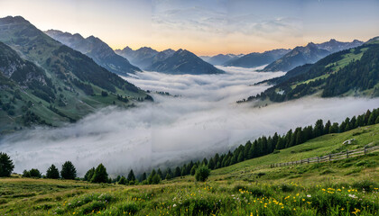 Fototapeta premium Vallée embrumée au lever du soleil