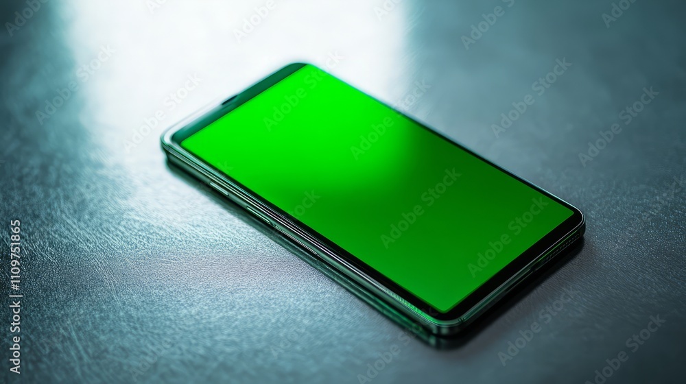 Aufkleber a sleek smartphone with a green screen lying on a surface with soft shadow