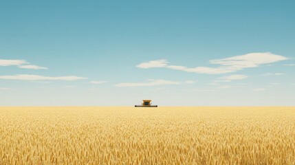 Combine harvester working in a golden wheat field under a clear blue sky