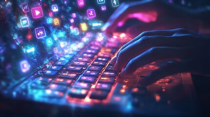 Hands typing on a glowing keyboard with social media icons emanating.