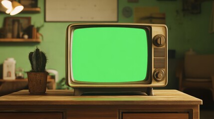 A retro tube TV with a green screen sitting on a vintage wooden console in a retro-themed room.