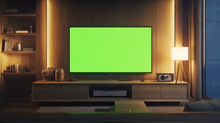 A TV with a green screen in a stylish media room, surrounded by custom-built cabinets.