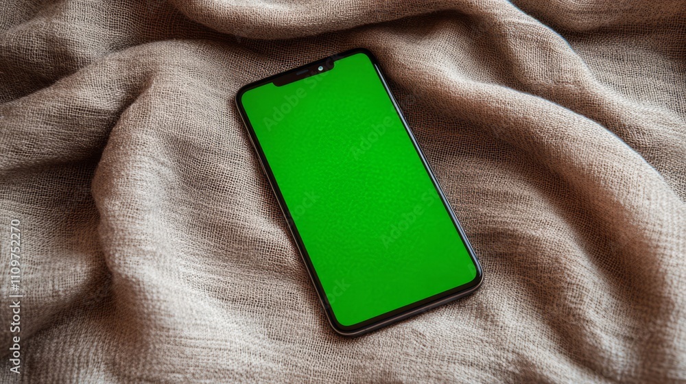 Poster a sleek smartphone with a green screen lying on a surface with soft shadow