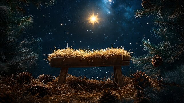 An empty manger and a bright star with backdrop of Christmas