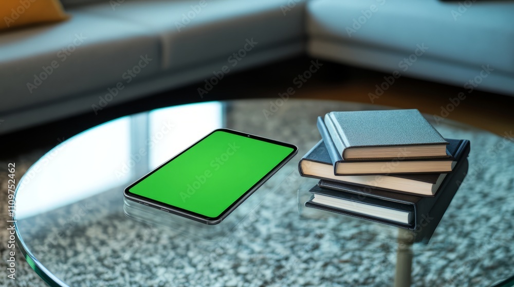 Aufkleber a sleek smartphone with a green screen lying on a surface with soft shadow