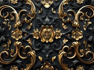 Ornate floral design with gold accents on a dark background.