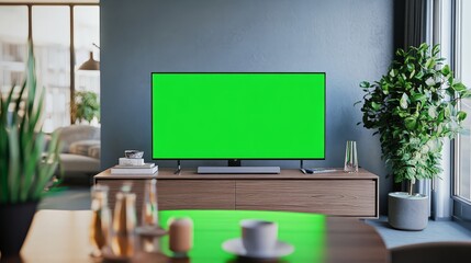 A TV with a green screen on a sleek wooden console in a contemporary dining room.