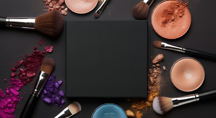 A blank eyeshadow palette box mock-up, surrounded by brushes and vibrant powders 3d illustration brand mock-up template.