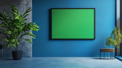 A simple black frame with a green screen, displayed on a blue accent wall. 