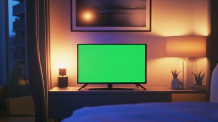 A small TV with a green screen placed on a floating shelf in a sleek bedroom.