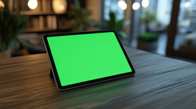 A tablet with a green screen resting on a stylish wooden desk with soft, natural lighting. 