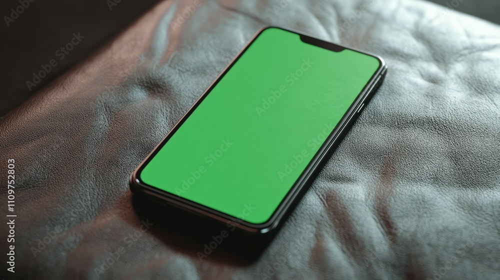 Poster a sleek smartphone with a green screen lying on a surface with soft shadow