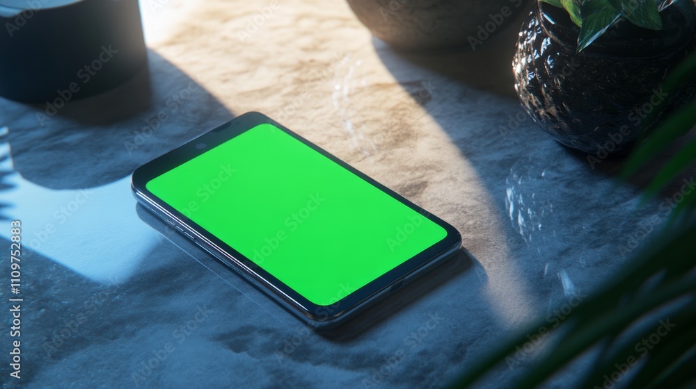 Poster a smartphone with a green screen resting on a marble surface with reflections of nearby objects.