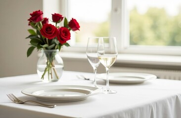 Romantic table setting with red rose in bright modern room for Valentine&rsquo;s Day 