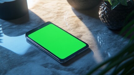 A smartphone with a green screen resting on a marble surface with reflections of nearby objects.