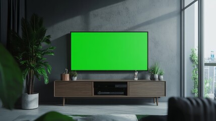 Fototapeta premium A sleek flat-screen TV with a green screen mounted on a modern media console in a minimalist living room