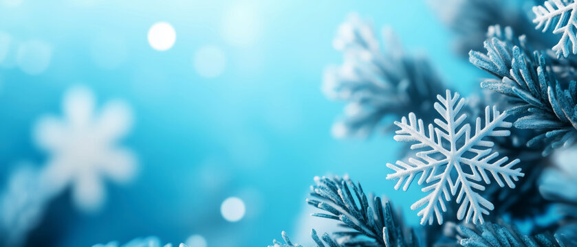 Close-up of snowflakes on frosty pine branches with copy space for winter background