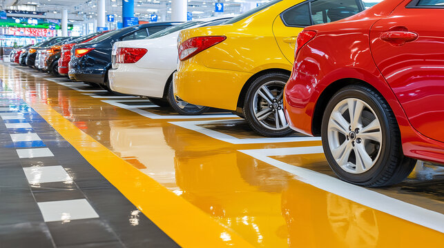 Fila de autos de colores en una aparcamiento interior iluminado