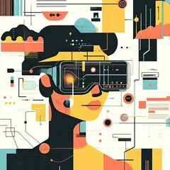 Abstract illustration of a person wearing augmented reality glasses, surrounded by futuristic elements, showcasing innovative technology and virtual interaction