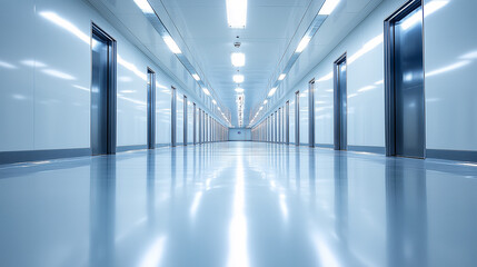 Pasillo moderno y vac&iacute;o con puertas y luces blancas