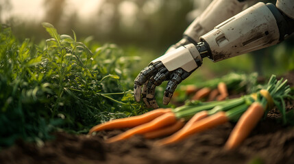 Manos rob&oacute;ticas cosechando zanahorias en un campo agr&iacute;col