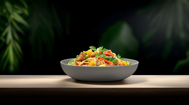 Pancit bihon is beautifully presented in a rustic bowl, showcasing colorful vegetables and herbs