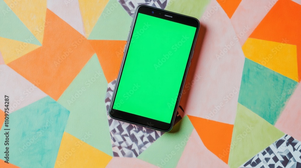 Poster a top-down view of a smartphone with a green screen resting on a colorful geometric patterned surfac