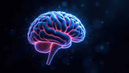 Fototapeta premium An illustration of a human brain with an overlay of artificial intelligence technology, symbolizing AI's connection to cognitive function.