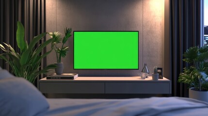A small TV with a green screen placed on a floating shelf in a sleek bedroom.