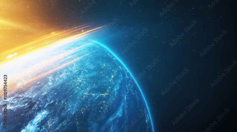 Poster ethereal view of planet earth at night illuminated by vibrant lights of communication from space