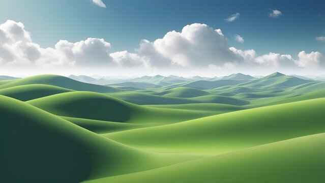 Rolling green hills landscape with blue sky and clouds