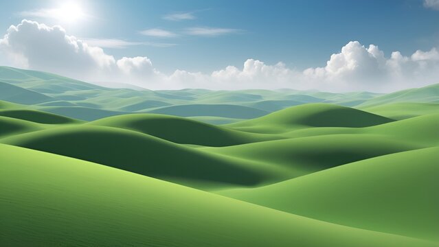 Serene green hills landscape with sunny blue sky and fluffy white clouds, rolling hills scenery