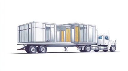 Modern prefabricated house on flatbed truck.
