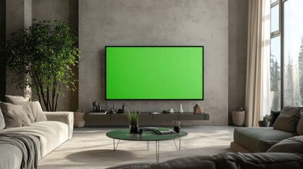 A TV with a green screen surrounded by minimalist decor and neutral tones in a contemporary apartment