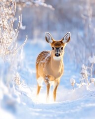 Obraz premium Noble Deer Gracefully Wandering Through a Snowy Forest in a Winter Wonderland During Christmas Time